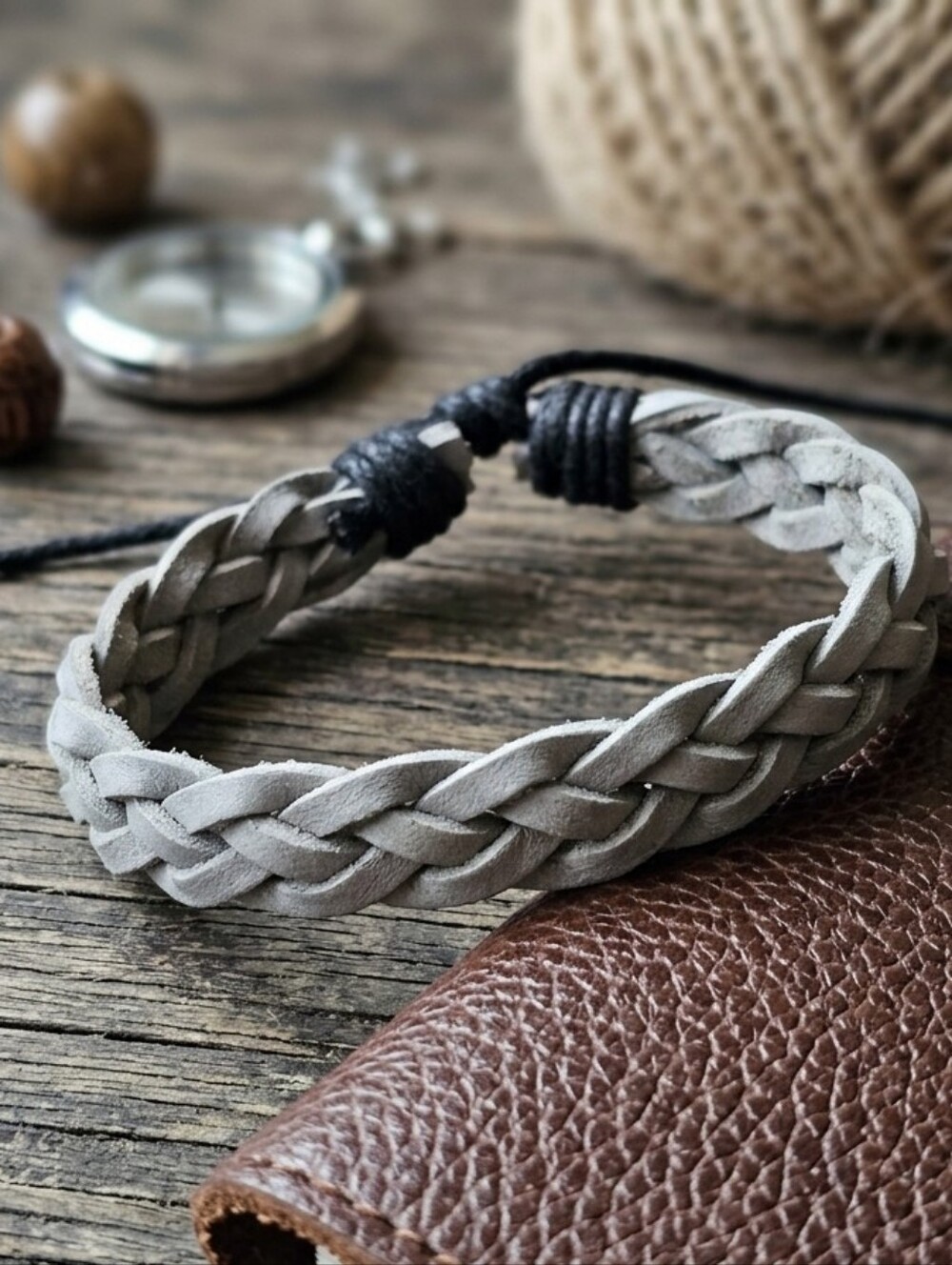Braided Leather Adjustable Bracelet in Light Gray